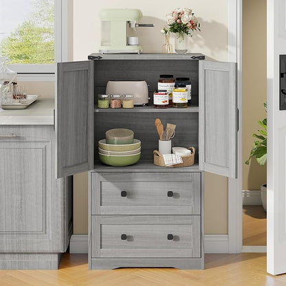 Farmhouse Bathroom Storage Cabinet with 2 Big Drawers and Barn Doors, Kitchen Pantry, Freestanding Storage Cabinet with Adjustable Shelves for Bathroom, Living Room, Kitchen (Wash Grey).