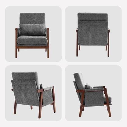 Accent Chair Mid-Century Modern with Lumbar Support Pillow, Upholstered Living Room Chairs with Wooden, Chenille Armchair with Cushion, Anthropologie Side Chair for Bedroom, Dark Grey