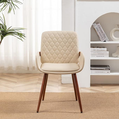 LUNLING Mid Century Modern Dining Chairs Set of 2,Accent Faux Leather Side Chairs Bentwood Frame with Armrest,Metal Legs Chair,Adjustable Foot for Kitchen Room Desk Chair(Cream White)