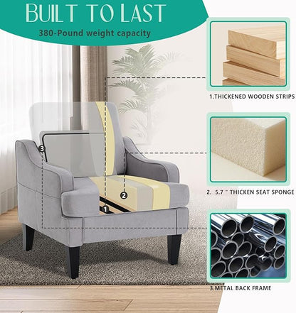 Modern Accent Chair for Bedroom Upholstered Reading Chair w/Side Pockets Comfy Living Room Chairs Living Room Armchair for Office Apartment (Grey)