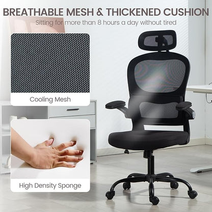 Yilaywain Ergonomic Office Chair, Home Office Desk Chair with Adjustable Headrest, High Back Computer Chair with Armrests and Lumbar Support for Home Office Study Room, Black & Gray (Black)