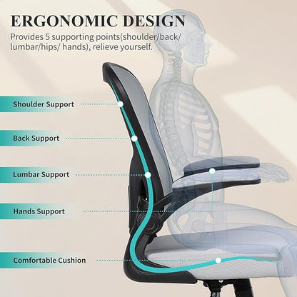 Flysky Ergonomic Office Chair, Mesh Home Office Desk Chair with Flip-up Arms and Lumbar Support, Height Adjustable, Swivel, Gray