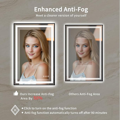 LED Mirror for Bathroom, 24x36 Inch Black Framed Gradient Front and Backlit LED Bathroom Mirror, 3 Colors Dimmable CRI>90, IP54 Enhanced Anti-Fog Bathroom Mirror with Lights