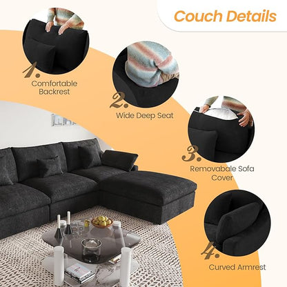 JACH L-Shaped Sectional Couches for Living Room, Cloud Sectional Couch with Deep Seat, Modular Sectional Sofa with Chaise, Covers Removeable & Washable, Sofas Furniture for Living Room, Black
