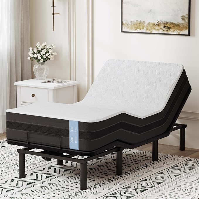 FLEXISPOT Adjustable Bed Frame Base Twin XL + 10" Cooling Gel Memory Foam Mattress, Massage, Head and Foot Incline, Zero Gravity, Zero Clearance, Under-Bed Lights, Anti-Snore, Wireless Remote