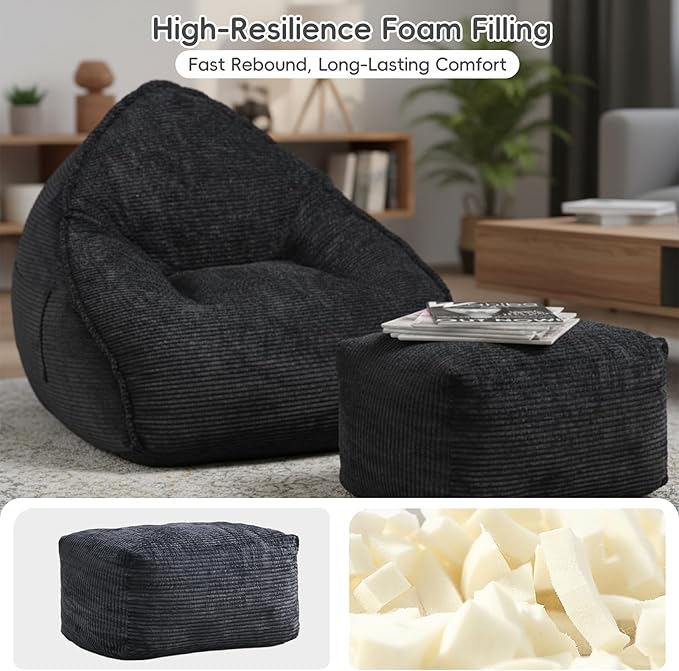 Cloud Bean Bag Chair with Ottoman for Adults, Comfy Corduroy Chaise Lounge Chair with High-Resilience Foam, Oversized Boneless Reading Chair for Bedroom & Living Room (Charcoal)