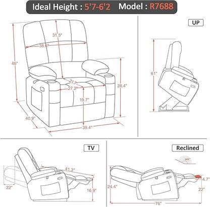 MCombo Oversized Dual Motor Power Lift Recliner Chair Sofa with Massage and Heat for Big Elderly People, Infinite Position, USB Ports, Faux Leather R7688 (Beige, Large-Oversize)