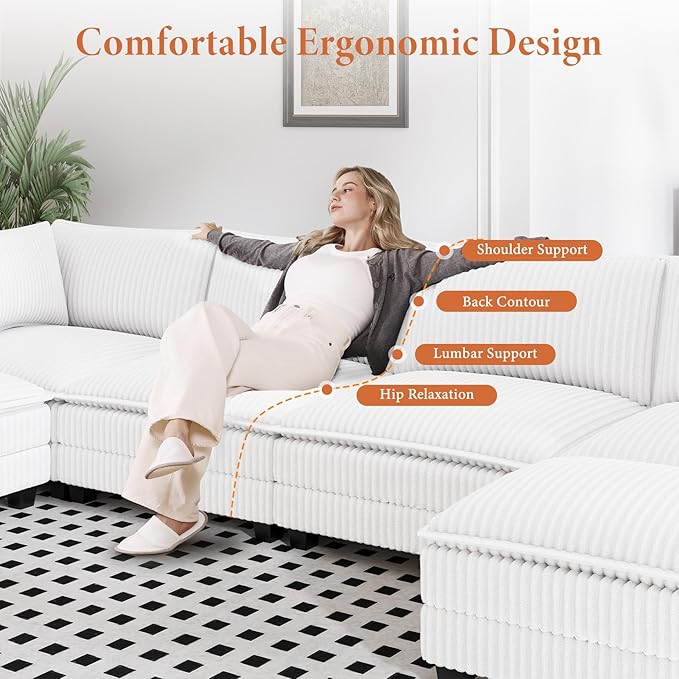 Vesgantti 143" U Shaped Sectional Modular Couch, Comfy Corduroy Upholstered Modular Cloud Sofas for Living Room, Modern Sectional Sofa with 2 Ottoman Deep Seat, Warm White