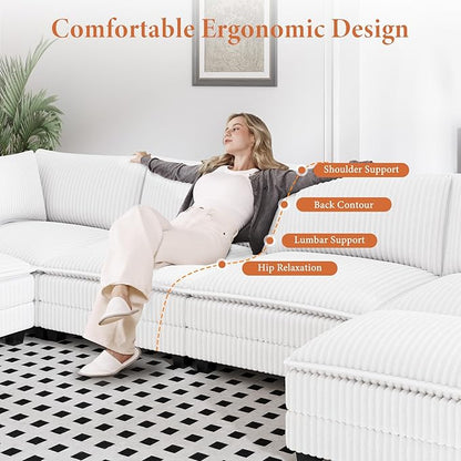Vesgantti 143" U Shaped Sectional Modular Couch, Comfy Corduroy Upholstered Modular Cloud Sofas for Living Room, Modern Sectional Sofa with 2 Ottoman Deep Seat, Warm White