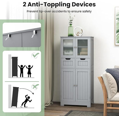 LOKO Bathroom Cabinet, Linen Storage Organizer with Doors & Drawers, Wooden Floor Cabinet with Adjustable Shelves for Bathroom, Living Room or Kitchen (Grey)