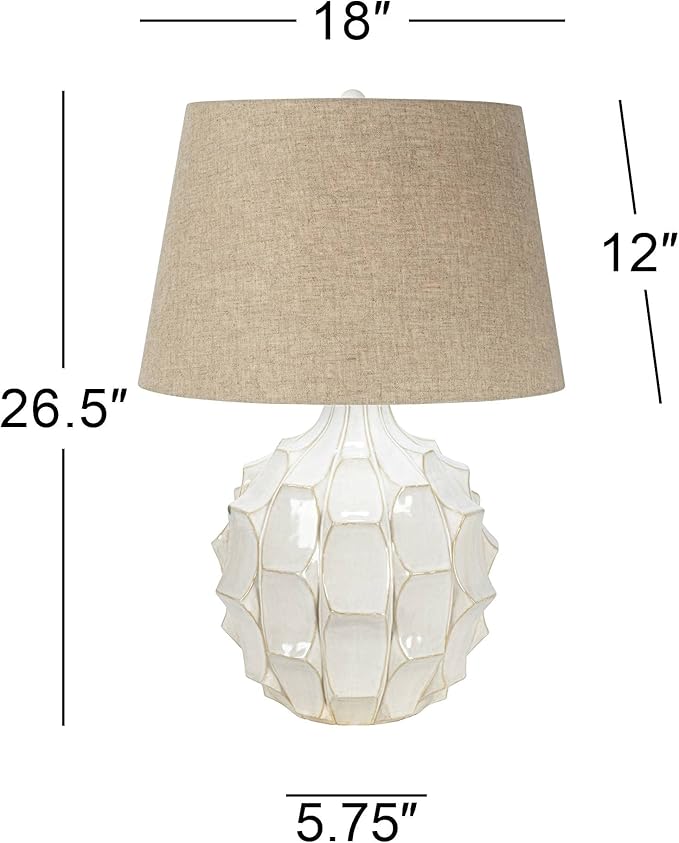 Possini Euro Design Cosgrove Mid Century Modern Table Lamp 26.5" High Ceramic White Glaze Light Brown Linen Drum Shade Decor for Living Room Bedroom House Bedside Nightstand Home (Color May Vary)