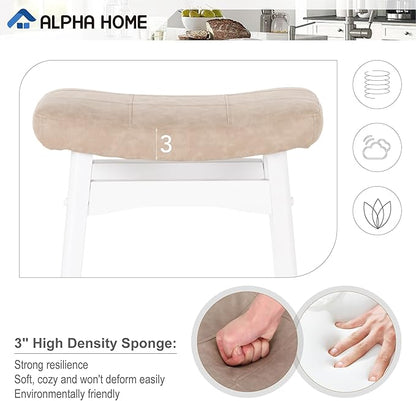 ALPHA HOME Bar Stools Set of 4, Solid Wood Saddle Kitchen Stools with Beige PU Leather Cushion Counter Height Barstools with Wooden Base for Kitchen Dining Cafe, 24 Inch, Beige, 4PCS