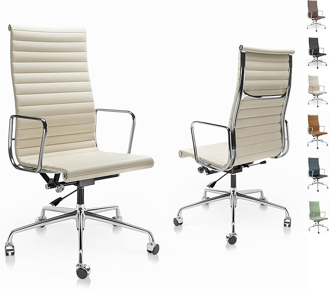 Ribbed Office Chair with Top Grain Leather - High Back Ergonomic Desk Chair with Aluminum Arms & Frame, Swivel Wheels & Tilt Function, Adjustable Height