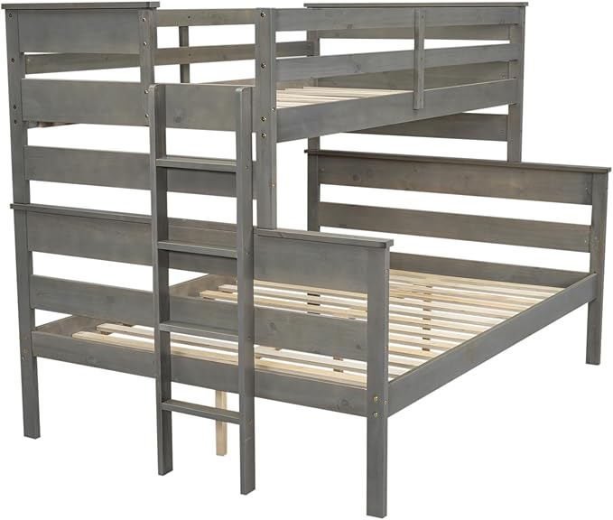 Solid Wood Twin XL Over Queen Bunk Bed with Ladder and Slat Support,Bedroom Detachable Bed Frame w/Easy Assembly & No Box Spring Required,for Kid Adult Boy Girl Teen,Gray
