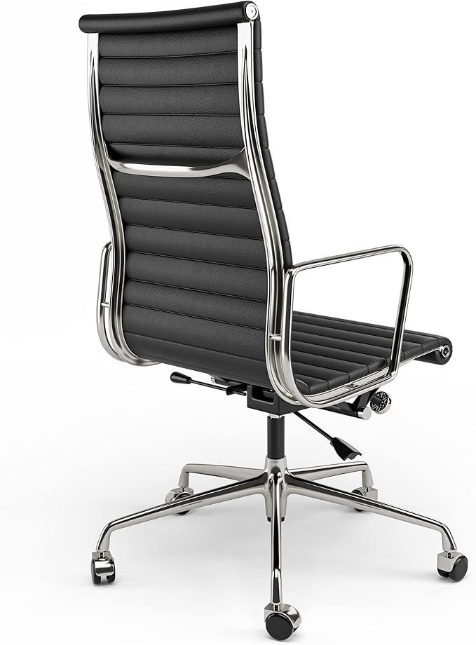 High Back Genuine Leather Ribbed Office Chair-Ergonomic Desk Chair with Aluminum Alloy Armrest & Frame, Swivel Silent Wheels & Tilt Function, Adjustable Height