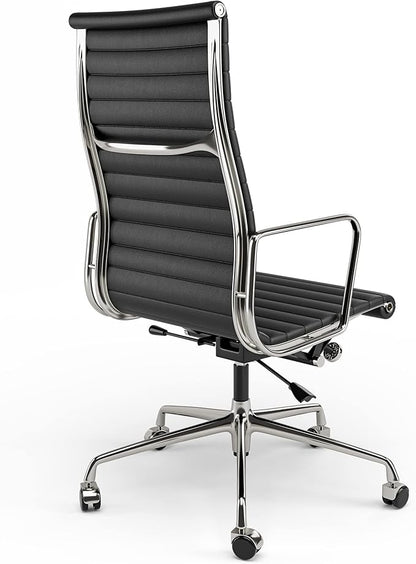 High Back Genuine Leather Ribbed Office Chair-Ergonomic Desk Chair with Aluminum Alloy Armrest & Frame, Swivel Silent Wheels & Tilt Function, Adjustable Height