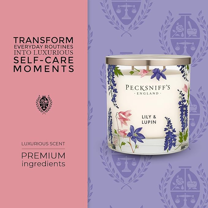 Pecksniff’s 3 Wick Candle – Lily & Lupin, 550 g / 19.4 oz – Long Lasting Burn, Elegant Home Decor & Relaxing Ambiance