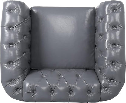 LEVNARY Leather Upholstered Armchair, Mid-Century Modern Single Sofa Chair with Rolled Arms and Nailhead, Tufted Pu Leather Chesterfield Chair for Home Bedroom Reading Room (Gray)
