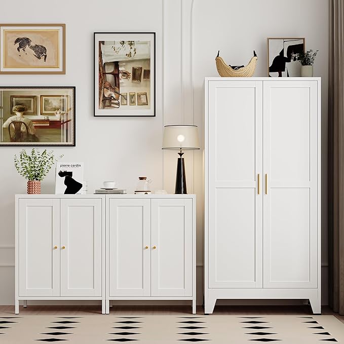 Bathroom Storage Cabinet Freestanding, 61" Tall Metal Cabinets with Doors and Shelves, White Metal Pantry Cabinet for Kitchen, Living Room, Home Office