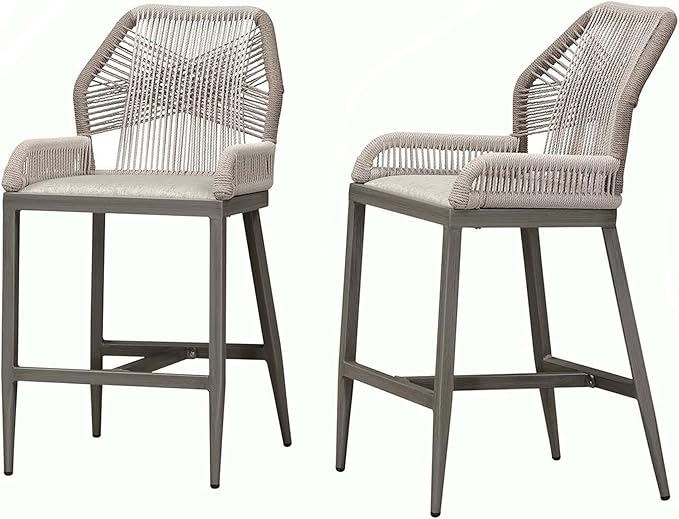PURPLE LEAF 2 Pieces Counter Height Bar Stools Patio Boho Rattan Barstools Aluminum Woven Bar Chairs with Cushions for Outdoor Kitchen Island Garden