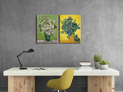 Wieco Art 2 Piece Irises in Vase Floral Canvas Prints Wall Art by Van Gogh Classic Artwork Famous Oil Paintings Reproduction on Canvas for Home Decor Modern Wrapped Flowers Pictures