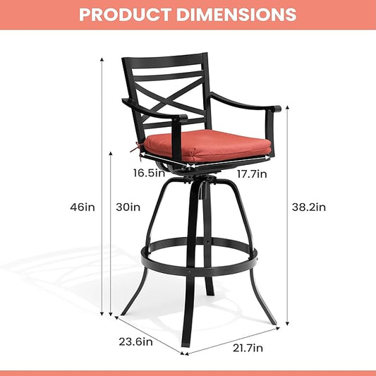 Pellebant 30" Sunbrella Outdoor Bar Stools Set of 2, Aluminum Swivel Patio Bar Height Bar Stools with Back & Footrest, for Deck Lawn Garden(Red)