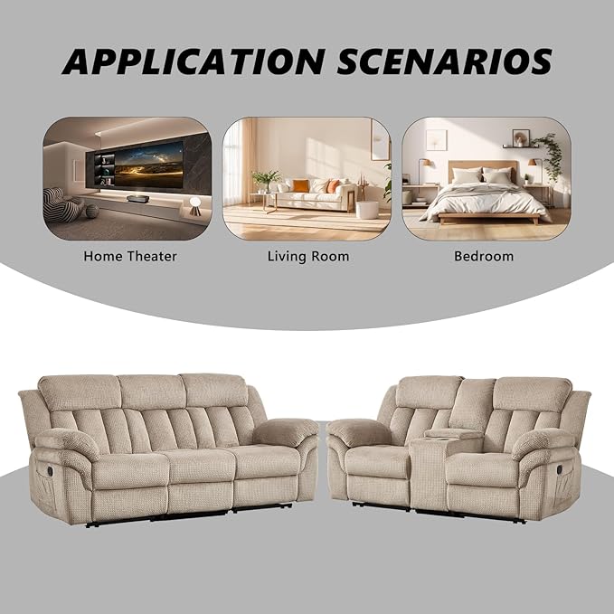 CANMOV Recliner Sofa Set,Manual Recliner Loveseat and 3-Seat Sofa with Overstuffed Armrest for Living Room,Bedroom Furniture,Office,Light Brown,2+3 Seat