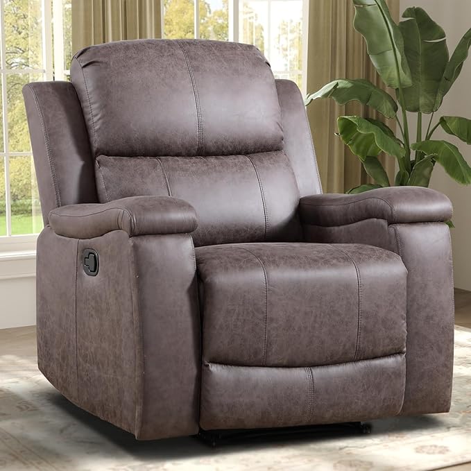 Leather Recliner Chair, Manual Recliner Chair for Adults with Overstuffed Arms and Back, Single Sofa Recliner with Cup Holders for Living Room (1, Grey)