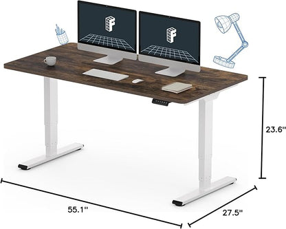 FLEXISPOT E6 3 Stages Dual Motor Electric Standing Desk 55x28 Inch Whole-Piece Board Height Adjustable Electric Sit Stand Desk(White Frame + Special Walnut Desktop, 2 Packages)