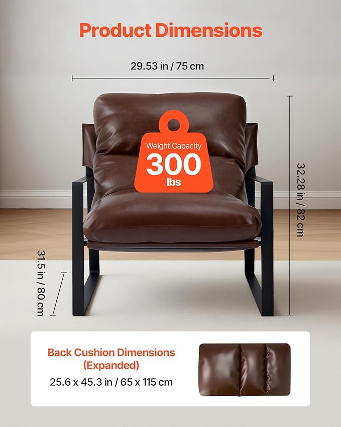 VEVOR Accent Chair, Modern PU Leather Armchair, Cozy Upholstered Chair, with Soft Foam Cushioning, Sturdy Metal Frame, and Detachable Cushion, for Living Room, Bedroom, Reading Room, Office, Brown