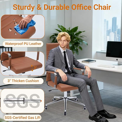 Sidanli Office Desk Chairs with Wheels, Executive Swivel Rolling Faux Leather Computer Chair with Comfortable Lumbar Support for Home Office(High Back, Brown)