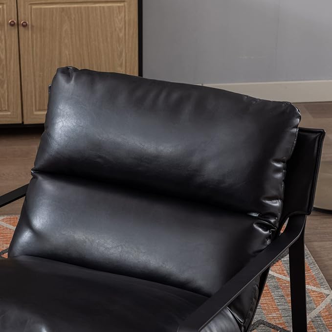 Mid-Century Accent Chair Set of 2, Comfy PU Leather Side Chair with Armrest, Upholstered Leisure Chair with Black Metal Frame for Living Room Bedroom Reception Room, Black