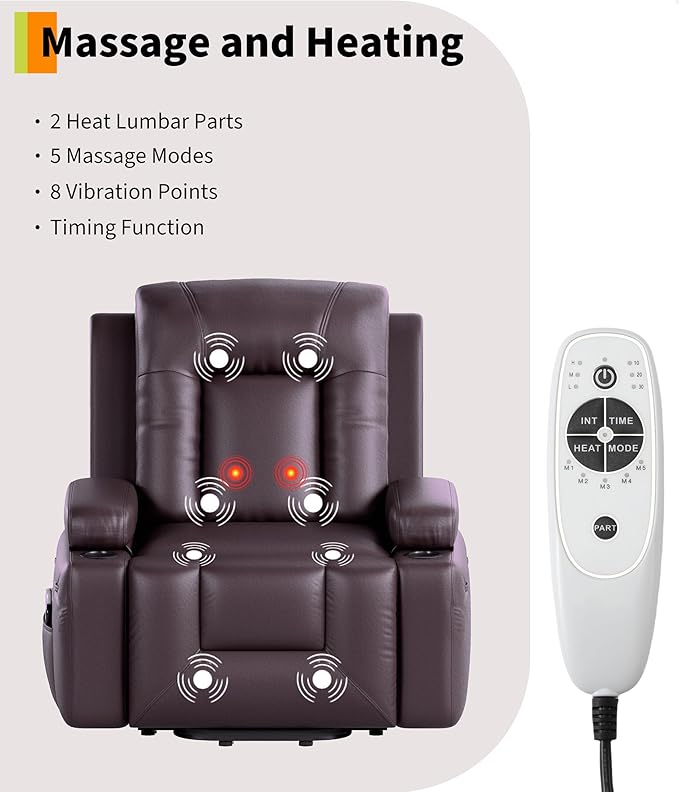 GarveeHome Oversized Electric Lift Recliner Chair - Heat and Massage, PU Leather Power Lift Recliner for Elderly & Mobility Impaired, Adjustable Back and Legs, Heavy Duty Lift Chair for Seniors