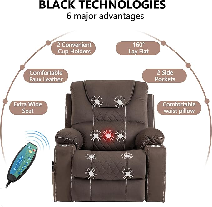 Large Power Lift Recliner Chair Sofa with Massage and Heat for Big and Tall Elderly,Infinite Positions,Single Motor,Cup Holders,and USB Ports,Velvet Home Theater Seat
