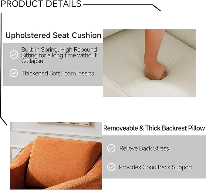 UIXE Swivel Accent Chair, Chenille Fabric Upholstered Arm Chair for Living Room, Modern Club Armchair Comfy Single Sofa Bedroom Reading Seat with Lumbar Pillow - Orange