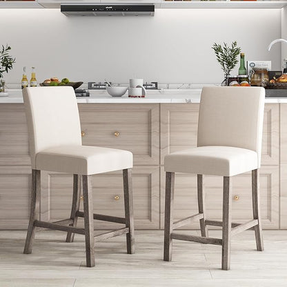 COSTWAY Upholstered Counter Height Stools Set of 4, Bar Stools w/Ergonomic Backrest, Solid Wood Frame, 24.5” Fabric Counter Height Chairs for Kitchen Island, Dining Room, Pub (Beige)
