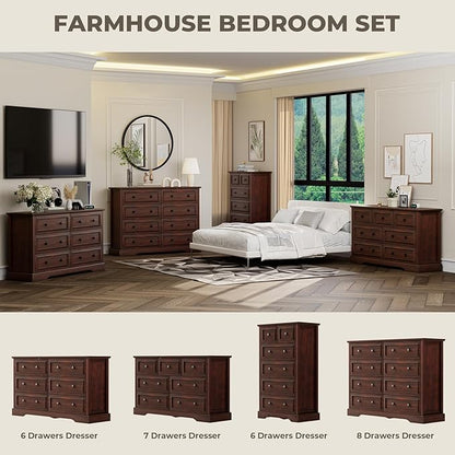 Farmhouse 7 Drawer Dresser for Bedroom, 54" Wide Wooden Dresser with Natural Texture & Vintage Metal Knobs, Large Chest of Drawers for Bedroom, Living Room, Hallway, Cherry