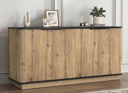 LKTART 55" Sideboard Buffet Cabinet with Storage, Wooden Fluted Storage Cabinet Sideboard with Adjustable Shelves Metal Rounded Corner for Kitchen Living Room (Natural)