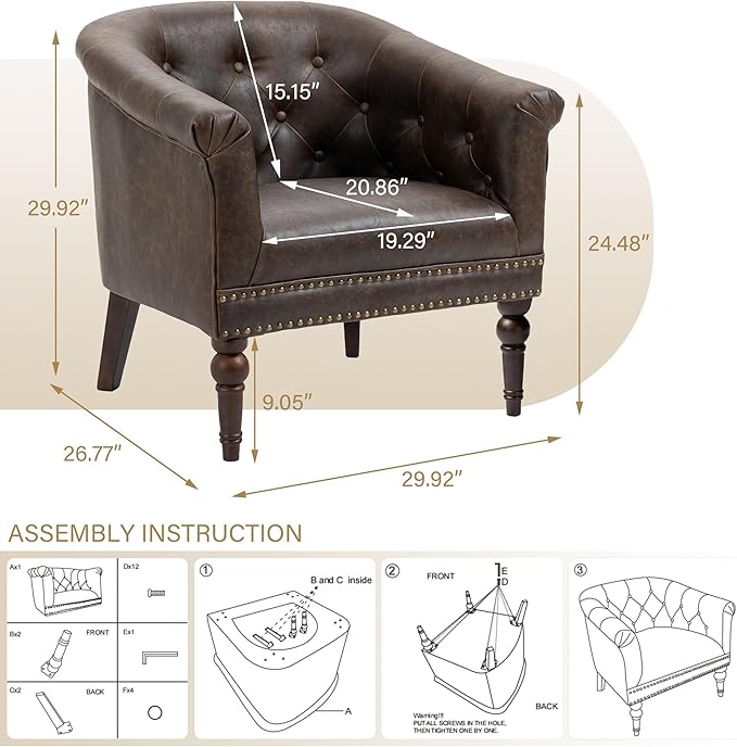 Pia Ricco Faux Leather Barrel Accent Chair, Comfy Club Armchair with Solid Wood Legs, Nailhead Trim Upholstered Single Sofa Chair for Living Room Bedroom/Reading Room, Chocolate, Set of 2