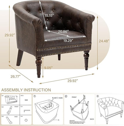 Pia Ricco Faux Leather Barrel Accent Chair, Comfy Club Armchair with Solid Wood Legs, Nailhead Trim Upholstered Single Sofa Chair for Living Room Bedroom/Reading Room, Chocolate, Set of 2