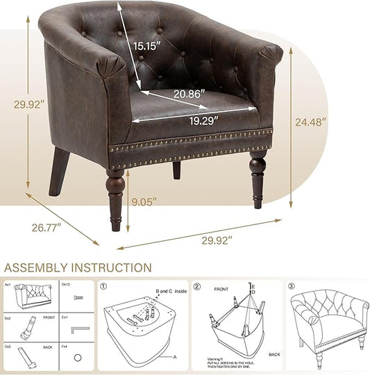 Pia Ricco Faux Leather Barrel Accent Chair, Comfy Club Armchair with Solid Wood Legs, Nailhead Trim Upholstered Single Sofa Chair for Living Room Bedroom/Reading Room, Chocolate, Set of 2