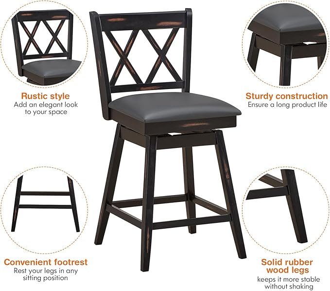 COSTWAY Bar Stool Set of 2, 360 ° Swivel Counter Height 25 inch Bar Stool with Foot Rest Upholstered Cushion & Ergonomic Backrest, Sturdy Frame, for Pub, Restaurant, Home (2, Black + Grey)