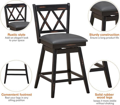 COSTWAY Bar Stool Set of 2, 360 ° Swivel Counter Height 25 inch Bar Stool with Foot Rest Upholstered Cushion & Ergonomic Backrest, Sturdy Frame, for Pub, Restaurant, Home (2, Black + Grey)
