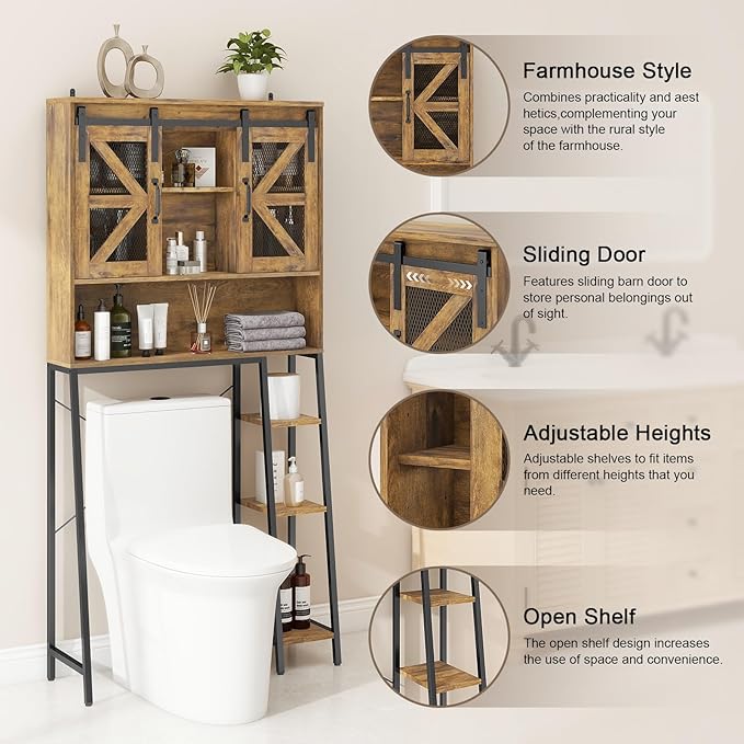 Vabches Over The Toilet Storage Cabinet, Farmhouse Storage Cabinet Over Toilet with Sliding Barn Door，Home Space-Saving Toilet Rack, for Bathroom, Restroom, Laundry