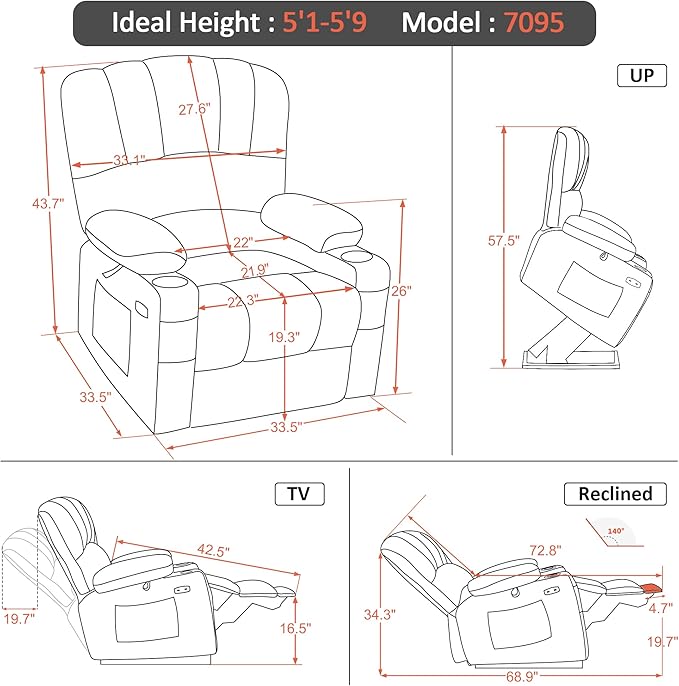 MCombo Power Lift Recliner Chair for Elderly, Lift Chair with Heat and Massage, USB &Type C Ports, Cup Holders, Faux Leather 7095 (Medium, Black)