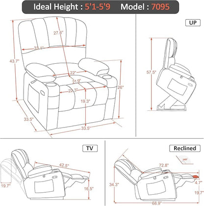 MCombo Power Lift Recliner Chair for Elderly, Lift Chair with Heat and Massage, USB &Type C Ports, Cup Holders, Faux Leather 7095 (Medium, Light Brown)