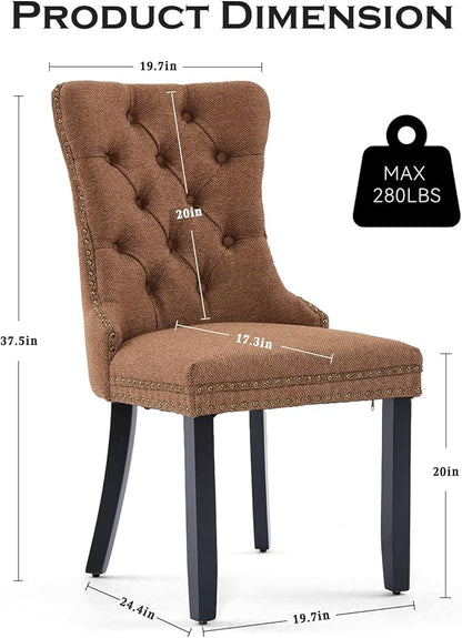 Linen Upholstered Dining Chairs Set of 4, Modern Style Kitchen Side Chairs with Nailhead Trim and Wood Leg, Metal Pulling Ring for Dining Room Living Room(Coffee,Set of 4)