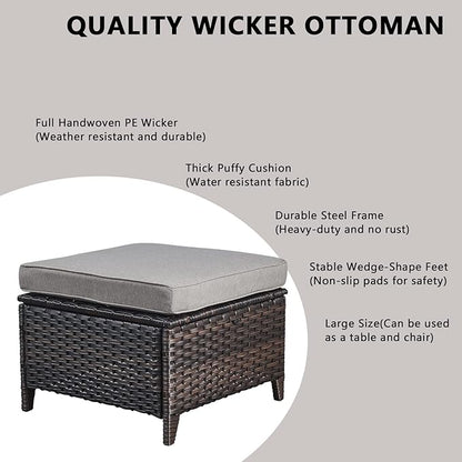 Rilyson Wicker Outdoor Patio Furniture Set - 5 Piece Patio Conversation Sets with Swivel Rocker Chairs, Ottomans and Side Table, 6 inch Cushions, Waterproof Wicker, for Porch Deck Brown/Grey
