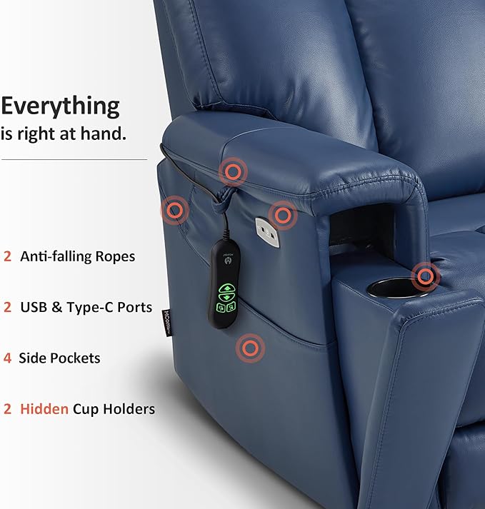 MCombo Heavy Duty Lift Chair for Elderly, Extra Wide Dual Motor Power Lift Recliner 450lbs with Hidden Cup Holders, USB Charging, Breathable Faux Leather R7777 (Blue)