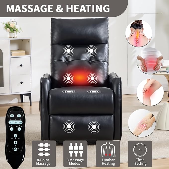 PELUMY Manual Lift Recliner Chair with Massage and Heat for Elderly, Single Motor Electric Lift Chair, Heavy Duty Recliner with USB Charging & Side Pockets (Breathable Leather, Black)